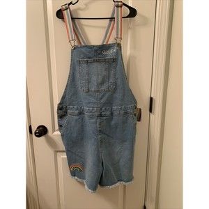 Take Pride Target Rainbow Blue Denim Bib Overall Shortalls Shorts "QUEEN"